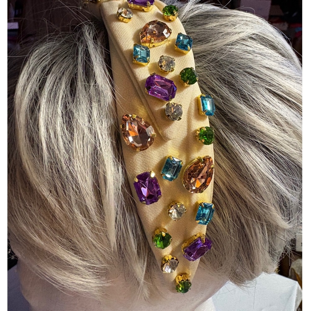 Jeweled Knotted Headband Cream Fabric Multi Color Crystal Statement Hair Access